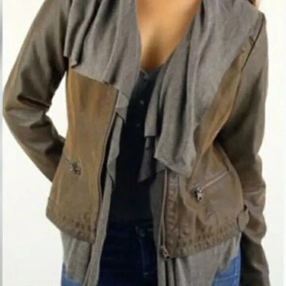 Anthropologie Hei Hei Vegan‎ Leather Jacket Size S Brown Zip Up Layered Trim - Picture 1 of 15